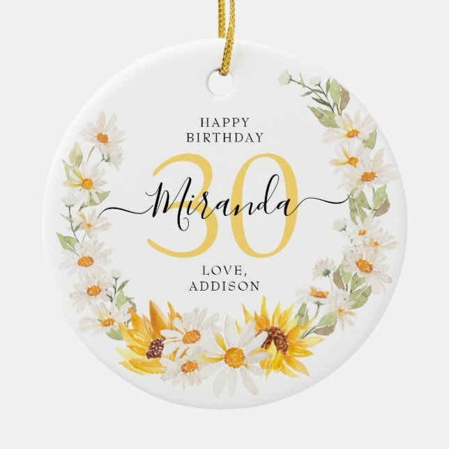 Sunflower & Daisy Wreath Floral 30 Anniversary Ceramic Ornament (Front)
