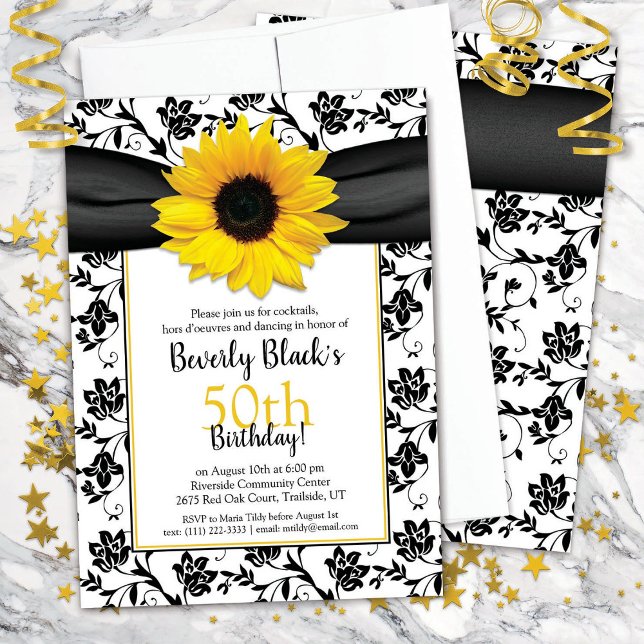 Sunflower Damask Birthday Party Invitation (Creator Uploaded)