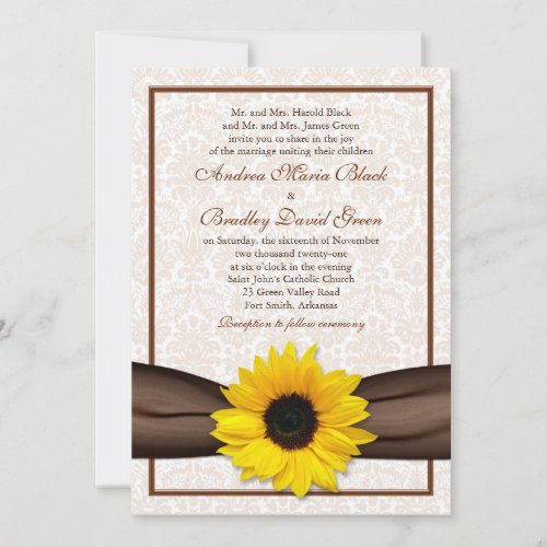 Sunflower Damask Floral Wedding Invitation