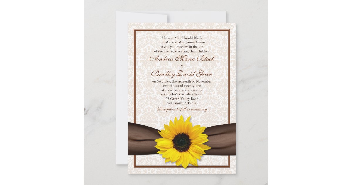 Sunflower Damask Floral Wedding Invitation | Zazzle