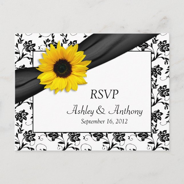 Sunflower Damask Wedding RSVP Postcard (Front)