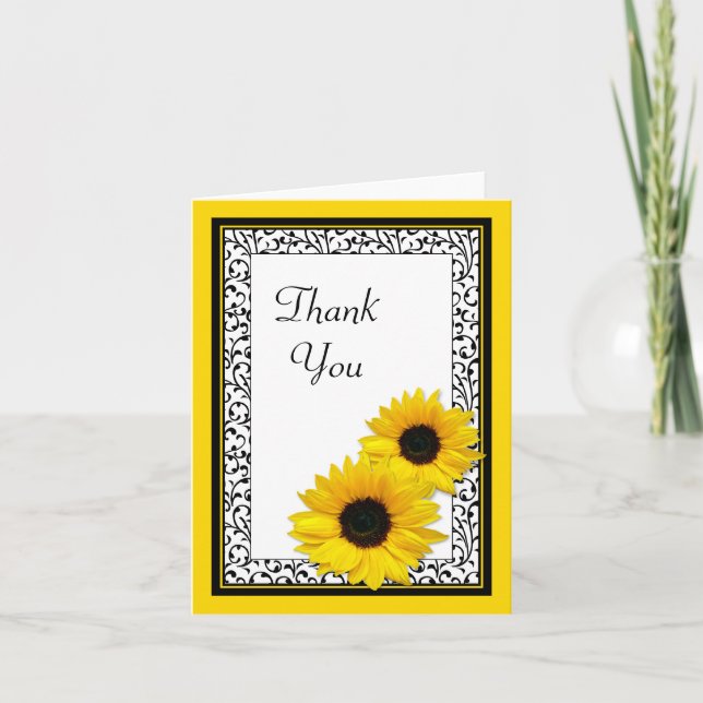 Sunflower Damask Wedding Shower Thank You Card (Front)