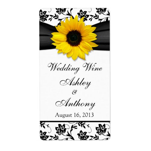 Sunflower Damask Wedding Wine Bottle Labels