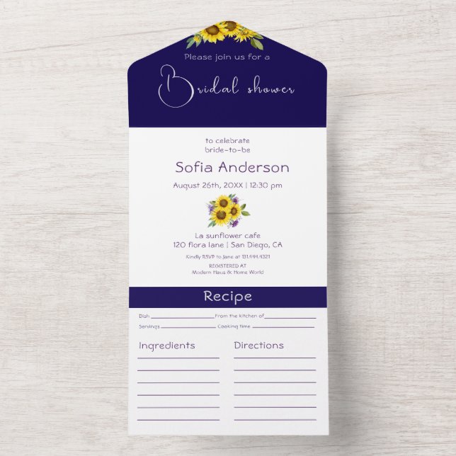 Sunflower dark blue All in One Wedding Invite (Inside)