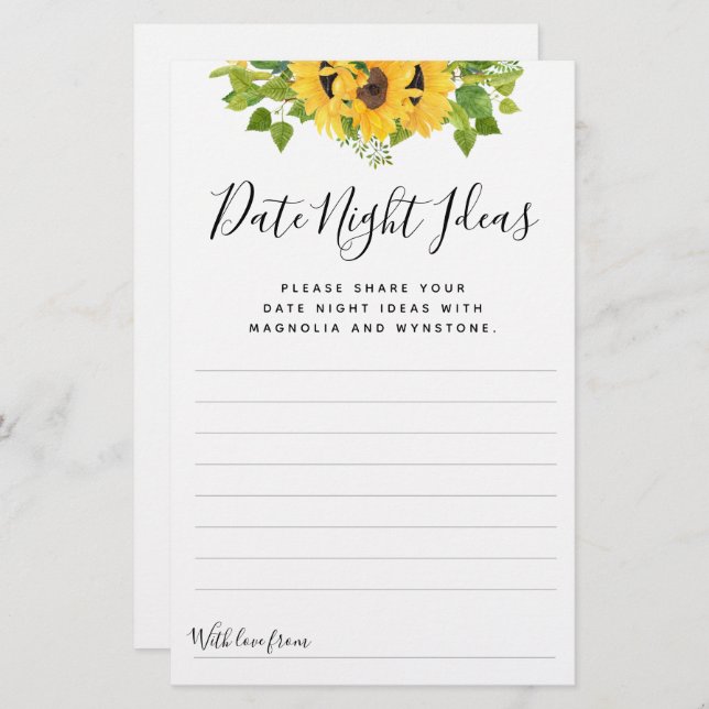 Sunflower Date Night Ideas Cards (Front/Back)
