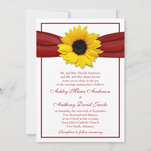 Sunflower Deep Red Ribbon Wedding Invitation (Front)
