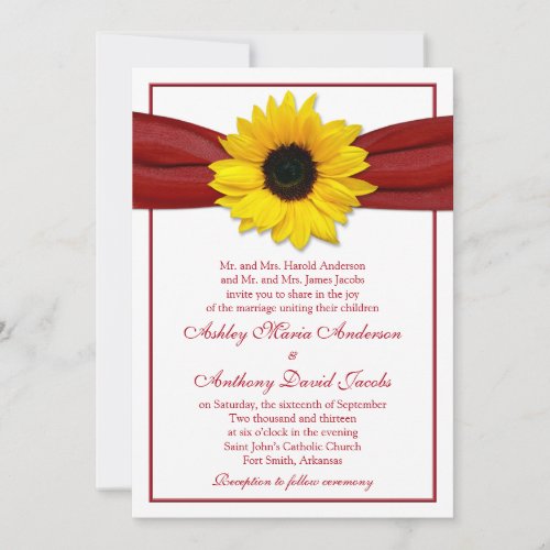 Sunflower Deep Red Ribbon Wedding Invitation