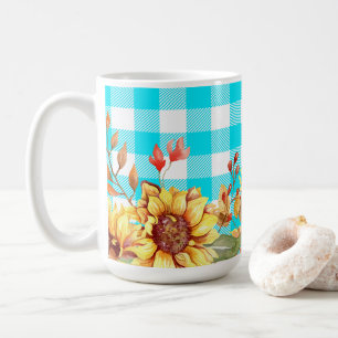 Sunflower Design and Blue Checkered Pattern Coffee Mug