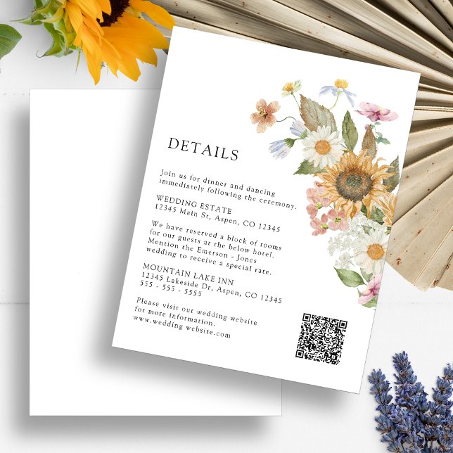 Sunflower Detail Enclosure Card (Boho Sunflower Wildflowers Floral Detail Enclosure Card QR Code by Painted Paperie
)