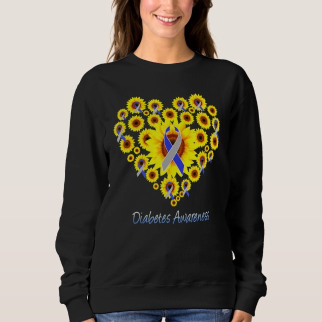 Sunflower Diabetes Heart Gray Blue Ribbon Diabetic Sweatshirt (Front)