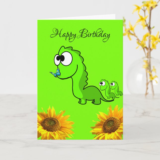 Sunflower Dinosaur Floral Folded Greeting Card (Yellow Flower)
