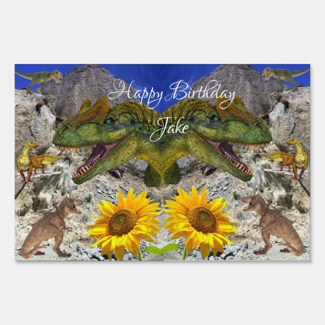 Sunflower Dinosaur Floral Happy Birthday Yard Sign (Front)