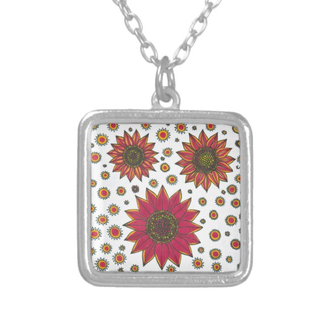 Sunflower Doodle Silver Plated Necklace (Front)