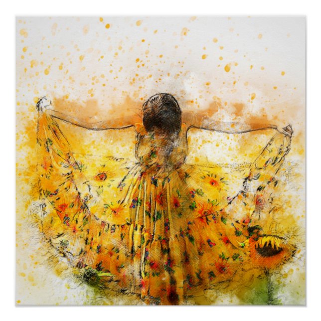Sunflower Dress Watercolor Art Poster (Front)