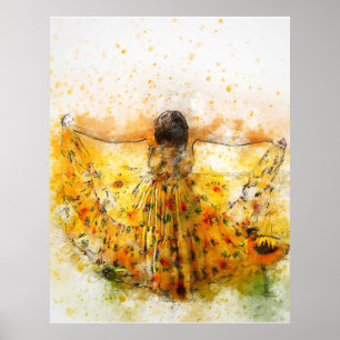 Sunflower Dress Watercolor Art Poster