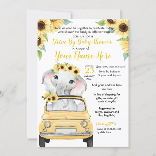 Sunflower Drive By Baby Shower Elephant Girl Invitation