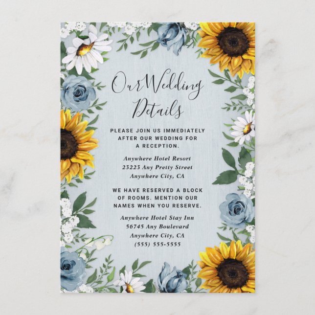 Sunflower Dusty Blue Country Rustic Roses Wedding Enclosure Card (Front)
