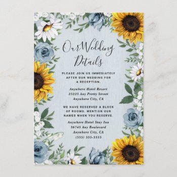 Sunflower Dusty Blue Country Rustic Roses Wedding Enclosure Card by RusticWeddings at Zazzle