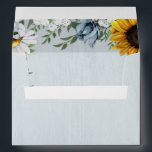 Sunflower Dusty Blue Country Rustic Roses Wedding Envelope<br><div class="desc">Design features a dusty blue/gray wood grain background with a wreath made of sunflowers,  daisies,  roses in dusty blue shades,  baby's breath over various types of botanical watercolor greenery elements.</div>