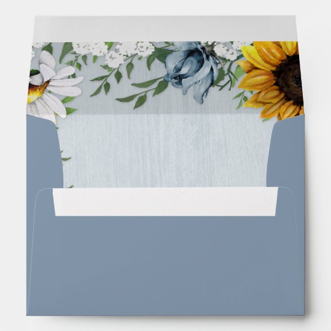 Sunflower Dusty Blue Country Rustic Roses Wedding Envelope (Back (Bottom))