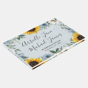 Sunflower Dusty Blue Country Rustic Roses Wedding Guest Book