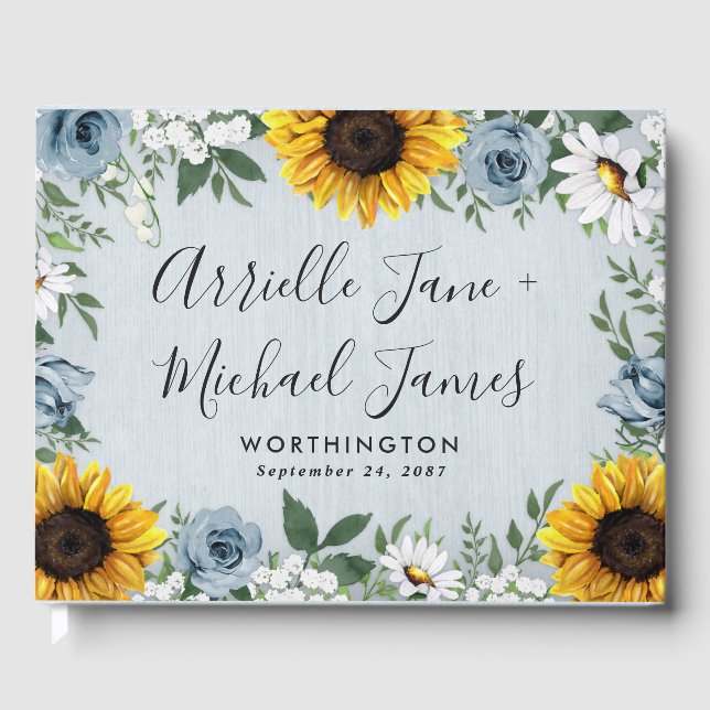Sunflower Dusty Blue Country Rustic Roses Wedding Guest Book (Front)