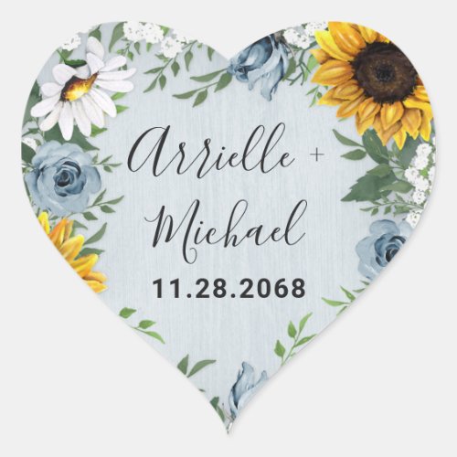 Sunflower Dusty Blue Country Rustic Roses Wedding Heart Sticker