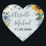 Sunflower Dusty Blue Country Rustic Roses Wedding Heart Sticker<br><div class="desc">Design features a dusty blue/gray wood grain background with a wreath made of sunflowers,  daisies,  roses in dusty blue shades,  baby's breath over various types of botanical watercolor greenery elements.</div>