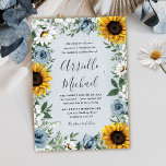 Sunflower Dusty Blue Country Rustic Roses Wedding Invitation<br><div class="desc">Design features a dusty blue/gray wood grain background with a wreath made of sunflowers,  daisies,  roses in dusty blue shades,  baby's breath over various types of botanical watercolor greenery elements.</div>