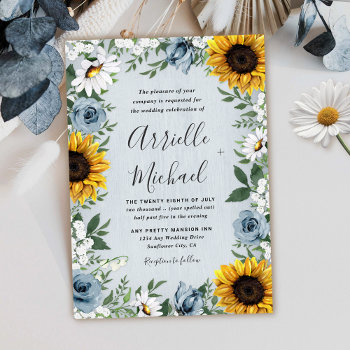 Sunflower Dusty Blue Country Rustic Roses Wedding Invitation by RusticWeddings at Zazzle