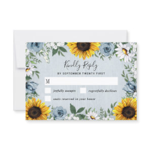 Sunflower Dusty Blue Country Rustic Roses Wedding RSVP Card