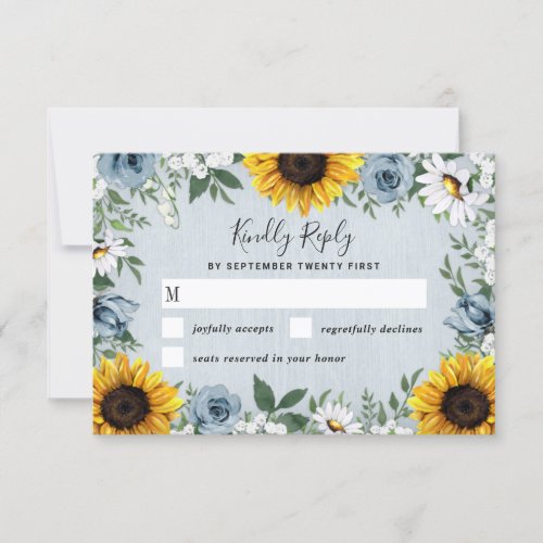 Sunflower Dusty Blue Country Rustic Roses Wedding RSVP Card