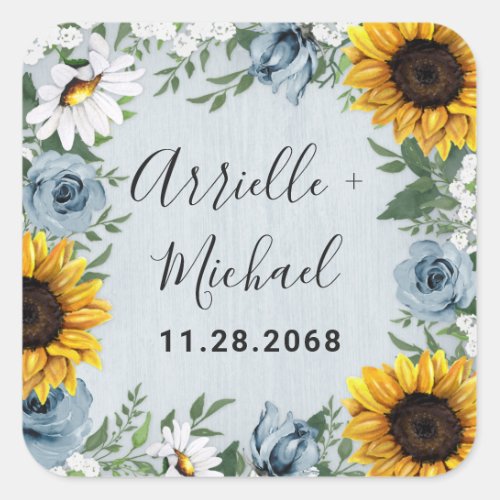 Sunflower Dusty Blue Country Rustic Roses Wedding Square Sticker