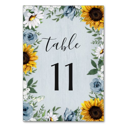 Sunflower Dusty Blue Country Rustic Roses Wedding Table Number