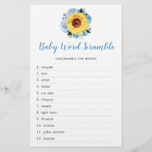 Sunflower Dusty Blue Floral Baby Shower Word Game