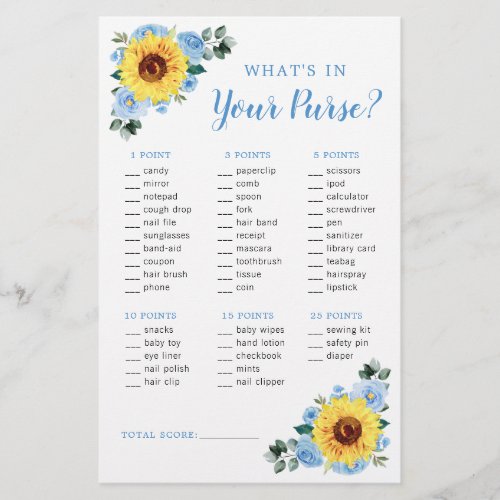 Sunflower Dusty Blue Floral Purse Baby Shower Game