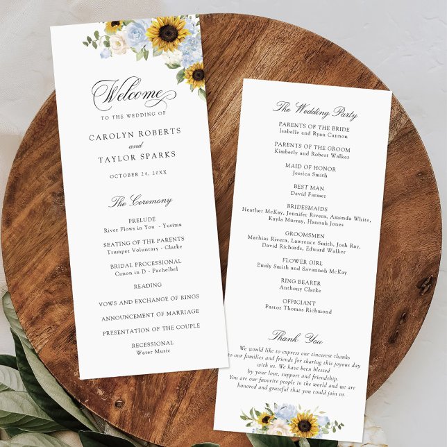 Sunflower Dusty Blue Floral Rustic Wedding Program (Creator Uploaded)