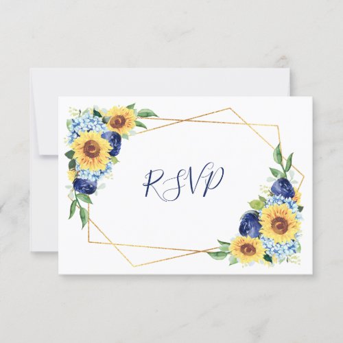 Sunflower Dusty Blue Geometric Navy Floral Wedding RSVP Card