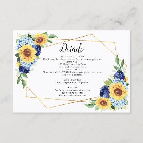 Sunflower Dusty Blue Geometric Wedding Details Enclosure Card