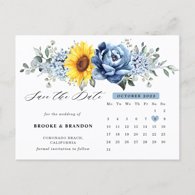 Sunflower Dusty Blue Peony Calendar Save the Date  Postcard (Front)