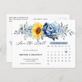 Sunflower Dusty Blue Peony Calendar Save the Date  Postcard (Front/Back)