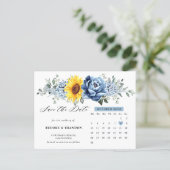 Sunflower Dusty Blue Peony Calendar Save the Date  Postcard (Standing Front)
