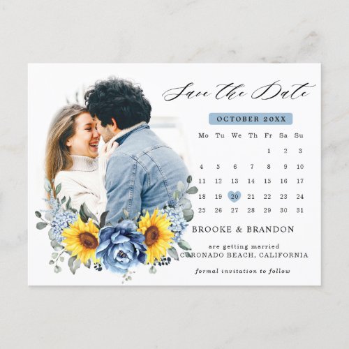 Sunflower Dusty Blue Peony Calendar Save the Date Postcard