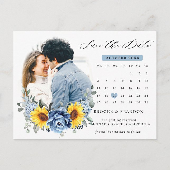 Sunflower Dusty Blue Peony Calendar Save the Date Postcard (Front)