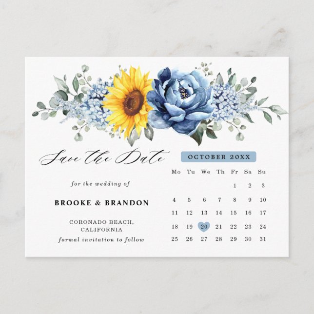 Sunflower Dusty Blue Peony Calendar Save the Date Postcard (Front)