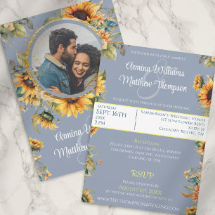 Sunflower Dusty Blue Photo Wedding With RSVP Invitation