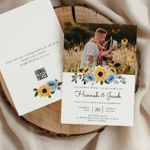 Sunflower Dusty Blue Rustic Photo QR Code Wedding Invitation