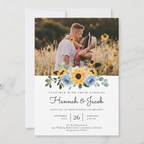 Sunflower Dusty Blue Rustic Photo Wedding Invitation
