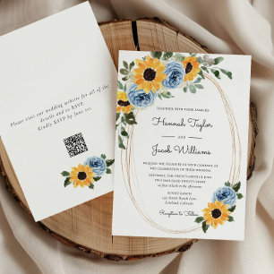 Sunflower Dusty Blue Rustic QR Code Wedding Invitation