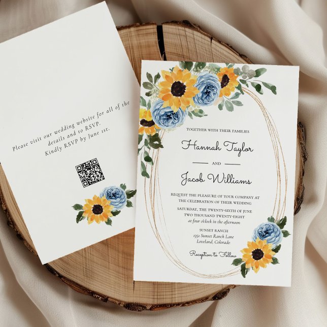 Sunflower Dusty Blue Rustic QR Code Wedding Invitation (Creator Uploaded)